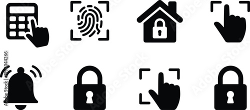 Security system vector icons set featuring fingerprint scanner smart home lock digital keypad alarm bell and touch interface symbols isolated