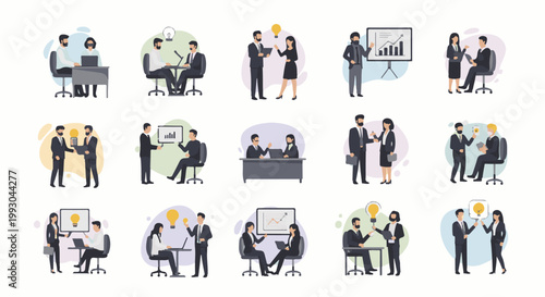 Business meeting scenes with people in suits, discussing ideas, and analyzing data