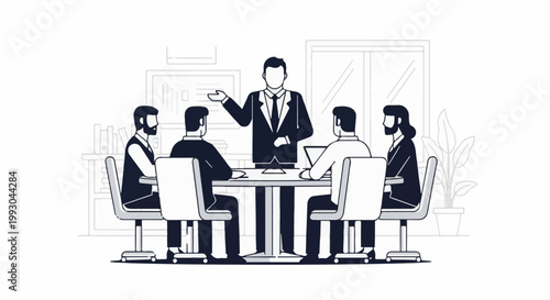 Business meeting with a leader addressing colleagues around a table in a modern office setting