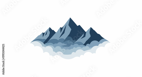 Blue mountains rise above fluffy white clouds in a stylized, minimalist design