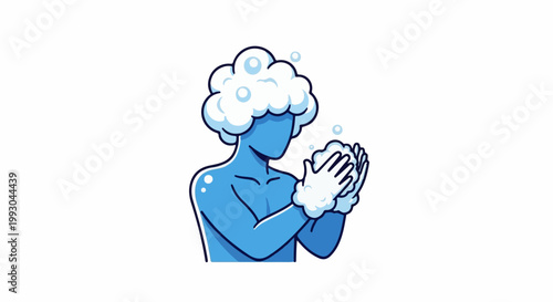 Blue figure with soapy hair and hands, indicating hygiene and cleanliness