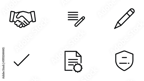 Contract Icons: Illustrating the key elements of a contract, with a focus on agreement, paperwork, and security, essential for conveying trust and professionalism in business dealings. 