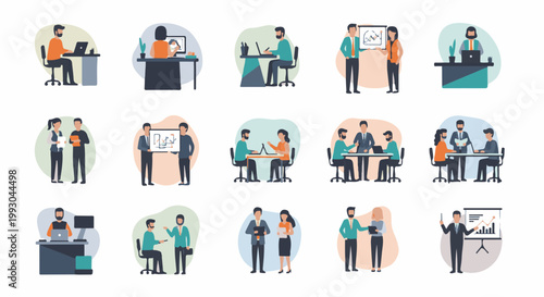 Business team collaborating and presenting in various office settings