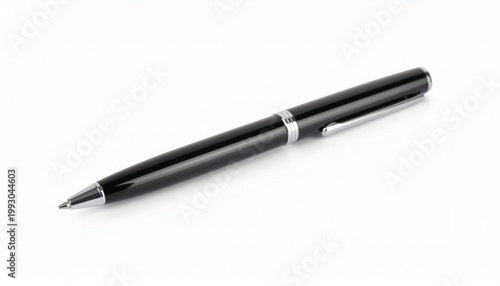 Sleek Black Ballpoint Pen with Silver Accents on White Background