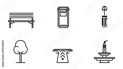 Park Elements: An artistic illustration showcasing several essential elements found in a public park, including a park bench, a trash can, a lamppost, a tree, a picnic table, and a fountain.