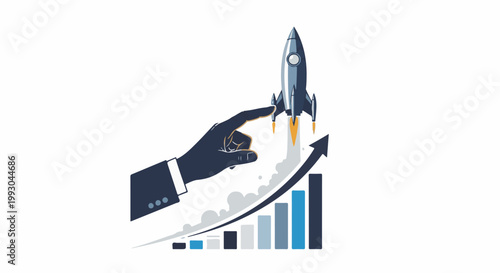 Businessman launches rocket upwards above rising bar graph, symbolizing growth and progress