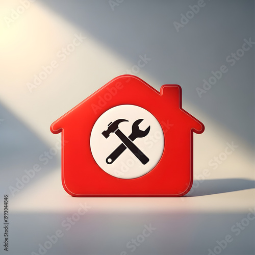 Red house icon with crossed hammer and wrench on front