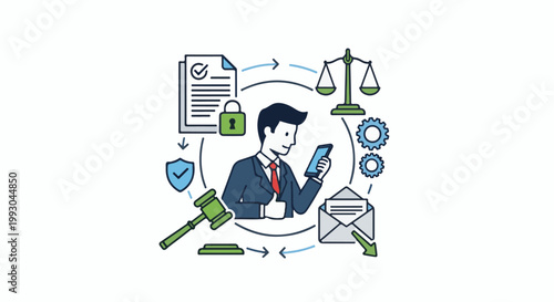 Businessman using smartphone in a cycle of legal and business processes