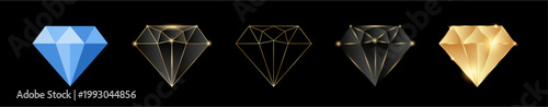 Luxury Diamond Vector Set – Premium Blue, Gold, and Minimalist Line Art Gemstones on Black Background