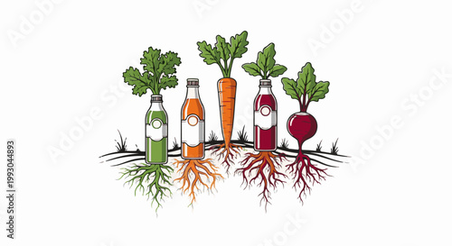 Bottles with juice and roots of vegetables appear from the soil