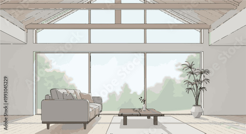 Bright living room with large windows, plush sofa, coffee table, and potted plant