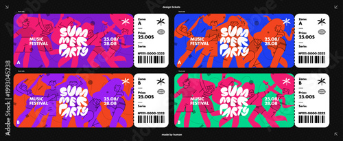 Summer Party Beach Tickets Template Design with Friends and Girls for A Music Collection. Pop Art Shapes with Sand, Character, and A Pool Festival on A Beautiful Gradient and Halftone Background.