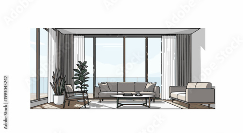 Bright modern living room with large windows and comfortable seating