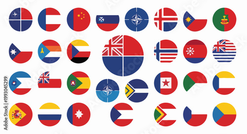 Array of circular and semi-circular graphic elements, abstract designs, and national flags