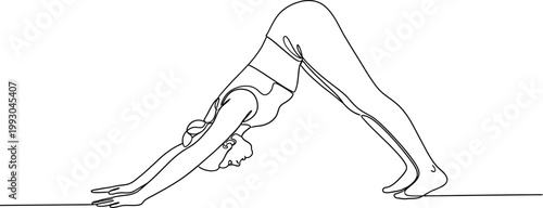 Continuous line art drawing of a woman performing a downward-facing dog yoga pose, beautifully illustrating concepts of balance, flexibility, and mindfulness through exercise and body wellness.