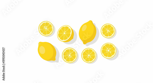 Bright yellow lemons and slices artfully arranged on a clean white background, casting soft shadows