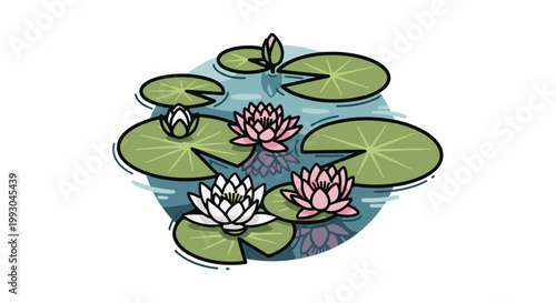 Artistic depiction of pink and white water lilies floating on a pond with green lily pads