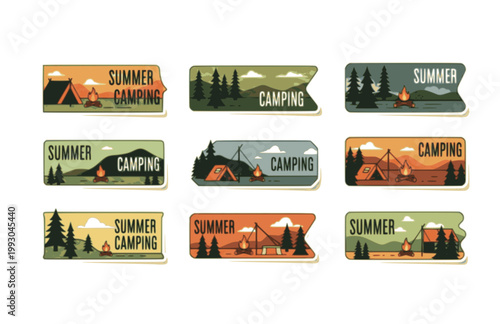 Summer Camping Banner Sticker. Flat Vector Minimalist Outdoors Forest and Campfire Illustration.