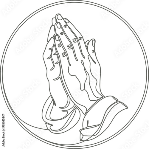 Minimalist line art drawing depicting hands joined together in a peaceful gesture of prayer enclosed within a circular frame on a soft light beige background