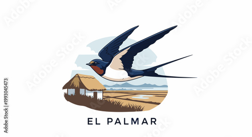 Artistic pixel art of a swallow in flight above a thatched hut and landscape