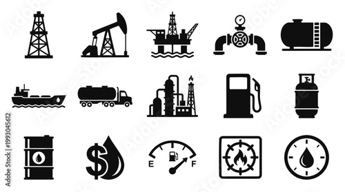 Oil and gas industry solid icon set. Black flat vector symbols for petroleum production, energy logistics, refinery infrastructure, and modern industrial UI design.