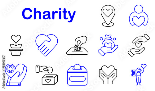 Charity donation set icon. Line style icons display heart location, helping person, plant growth, handshake support, donation coin, money bag, caring hands, medical heart, gift box, charity