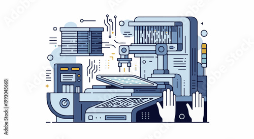 Automated industrial machinery with robotic arm, control panel, and integrated circuits