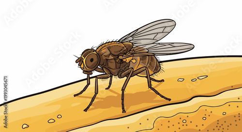 Brown fly with segmented body, large compound eyes, and veined wings rests on a textured yellow surface