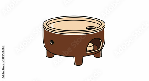 Brown pot with beige interior, on four legs, with an opening