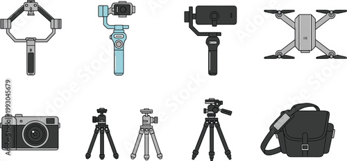 Professional Camera and Photography Equipment Vector Illustration Set Featuring Gimbal Stabilizer Drone Tripod Camera Bag for Videography Cinematography and Content Creator Concept Design