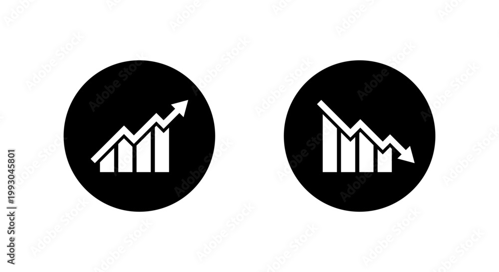 Obraz premium Increase decrease graph icon in black circle. Business analytics symbol. Data visualization showing positive and negative performance