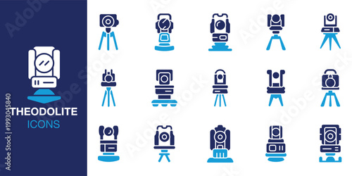 Theodolite icon set. Containing topography, tool, survey, mapping, instrument and more. Solid vector icons collection. Vector illustration.