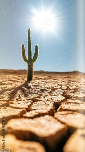 Tall cactus in cracked desert ground under bright sunlight and clear blue sky