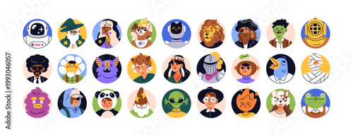 Funny, creative avatars set. Portraits of robot, alien, whimsical animals, people in fantasy masks, costumes. Quirky user profiles in circles. Flat vector illustration isolated on white background
