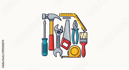 Assortment of colorful hand tools arranged neatly against a white background