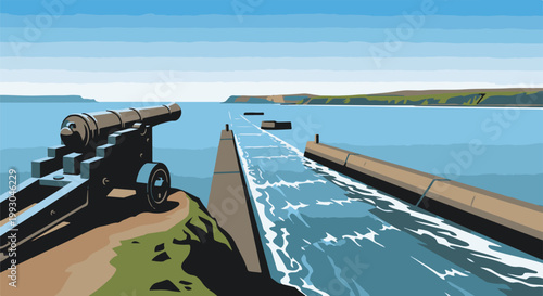 An old cannon overlooks a calm sea, a pier extends into the water