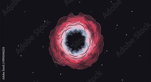 Abstract vortex of red and blue hues swirls against a dark, starry void