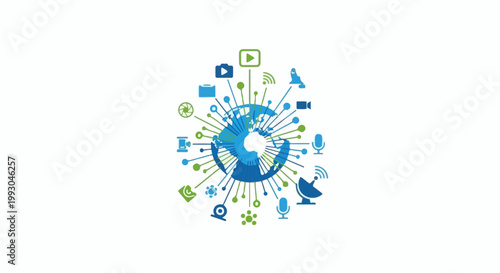 Abstract depiction of global digital connectivity with various communication icons radiating from a stylized planet