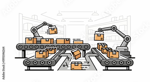 Automated warehouse with robotic arms moving boxes on conveyor belts