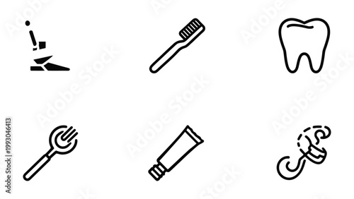 Dental Care Icons: A collection of simple, stylized icons representing various aspects of dental care, from brushing and flossing to tooth health.