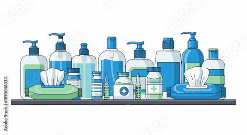 Assortment of hygiene and medical supplies in blue and green tones, including dispensers, bottles, and wipes