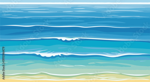 Abstract ocean waves and shoreline rendered in horizontal color bands