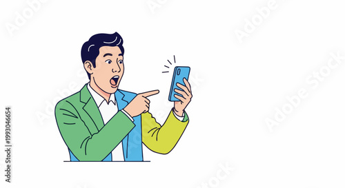 Astonished man in a suit pointing at a glowing smartphone screen, exclaiming in surprise