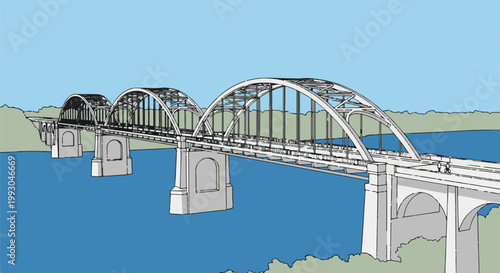 Arch bridge spans river with green shores under blue sky