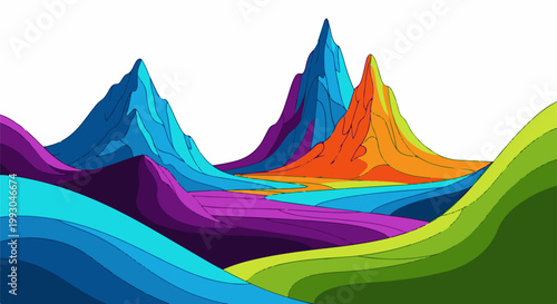 Abstract, flowing mountain ranges painted in vibrant, contrasting colors create a surreal, layered landscape
