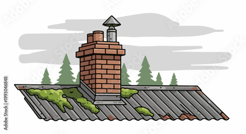 An old, moss-covered tin roof with a brick chimney and a cloudy sky