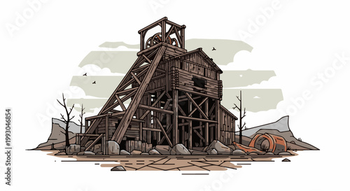 Abandoned wooden mining structure stands amidst a desolate, rocky terrain
