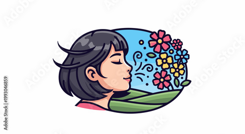 A young woman inhales the scent of blooming flowers on a bright, breezy day