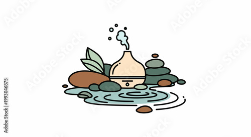 Aroma diffuser releasing mist amidst smooth stones and water ripples, creating a serene atmosphere