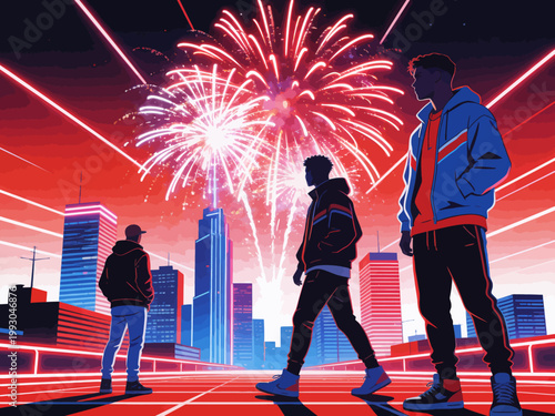 Illustration of three young people walking on a rooftop with a vibrant cityscape and fireworks display at night.